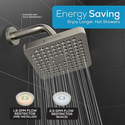 SparkPod Shower Head - High Pressure Rain - Premium Quality Luxury Design - Easy Clean Adjustable Replacement for Your Bathroom Shower Heads (Elegant Brushed Nickel, 8 Inch Square)