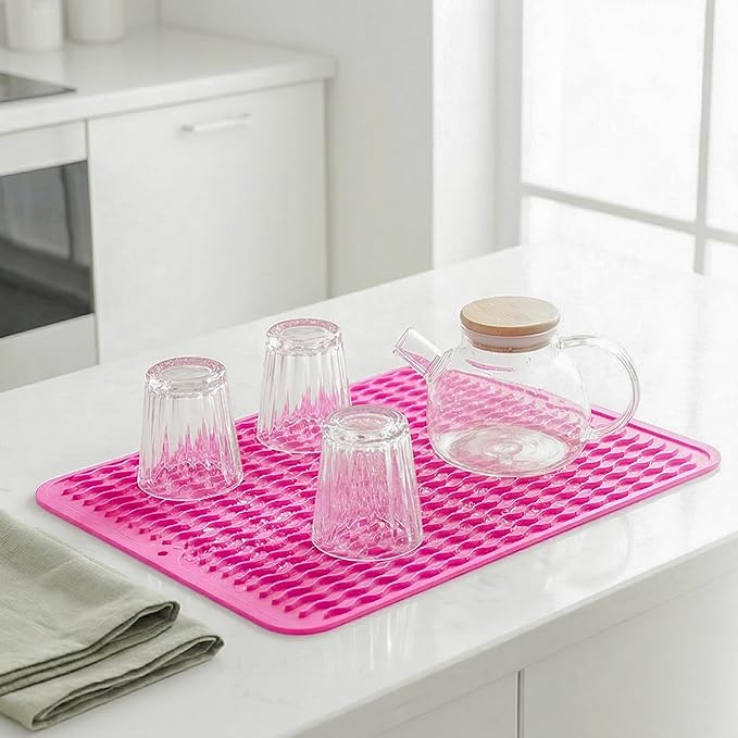 MicoYang Silicone Dish Drying Mat for Multiple Usage,Easy clean,Eco-friendly,Heat-resistant Silicone Mat for Kitchen Counter or Sink,Refrigerator or drawer liner Rose L 16 inches x 12 inches