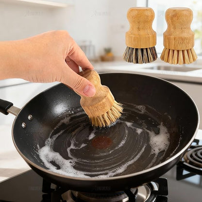 AUEAR, Natural Bamboo Dish Scrub Brush Cleaning Pot Scrubber Brushes Coconut Bristles for Cast Iron Skillet Pots Pans (2 Pack, 2 Colors)