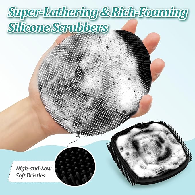 Silicone Body & Face Scrubber Set, 360° Anti-Slip & Hand-fit Silicone Shower Scrubber for Rich Foaming Deep Cleaning, Unique Facial Scrubber with Side-bristles for Contoured Areas.(Black)