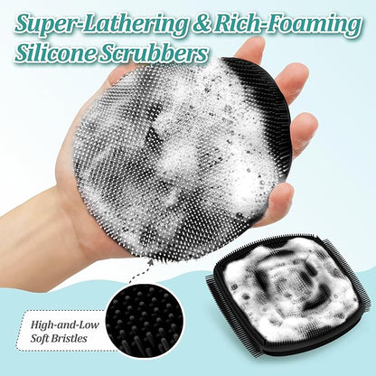 Silicone Body & Face Scrubber Set, 360° Anti-Slip & Hand-fit Silicone Shower Scrubber for Rich Foaming Deep Cleaning, Unique Facial Scrubber with Side-bristles for Contoured Areas.(Black)