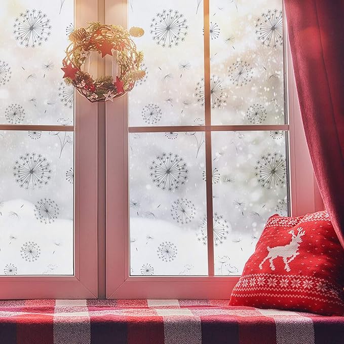 Filmgoo Window Privacy Film Non-Adhesive Sun Blocking Stained Glass Door Sticker Frosted Window Tinting Film for Home Office（Dandelion,35.4 Inch x 6.5 Feet）