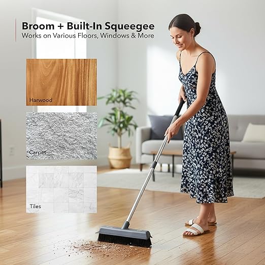 OVENTE Carpet Rake Rubber Broom for Pet Hair Removal with Squeegee, Detailing Lint Fur Remover Brush, Dustpan and 50” Handle, Cleaning Tools Set for Rug, Hardwood Floor, Tile and Window, Grey CT2504GY