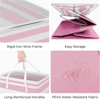 HomeHacks 2 Pack Large Laundry Baskets, Waterproof, Freestanding Laundry Hampers, Collapsible Clothes Hamper with Reinforced Handles in Laundry, College Dorm, Bathroom, Bedroom (Pink, 125Lx2)