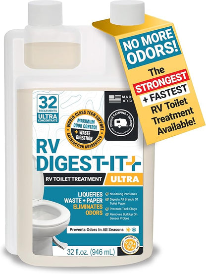 Unique RV Digest-It Ultra RV Toilet Treatment, 32 Uses, Super Concentrated - Eliminates Smells and Liquifies Waste, Easy-Measure Extra-Strength Preventive Bio-Enzymatic Holding Tank Treatment (32 oz)