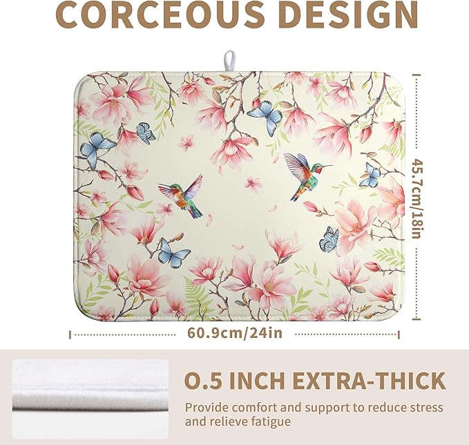 Spring Flowers Floral Dish Drying Mats Spring Summer Hummingbird Dish Mat Drying Matt Butterfly Dishes Dryer Pad for Kitchen Counter Absorbent Microfiber Washable Foldable Reusable 18x24 in