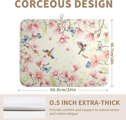 Spring Flowers Floral Dish Drying Mats Spring Summer Hummingbird Dish Mat Drying Matt Butterfly Dishes Dryer Pad for Kitchen Counter Absorbent Microfiber Washable Foldable Reusable 18x24 in