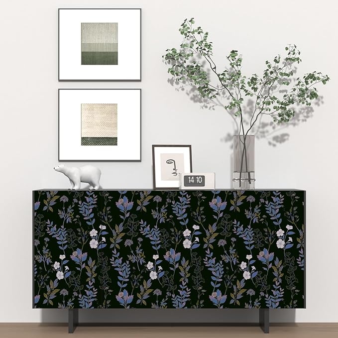 Fvlow Black Blue Floral Wallpaper Peel and Stick Boho Blue Purple Leaf Contact Paper 17.4" X 118" Vintage Wallpaper Waterproof Self-Adhesive Dark Wall Covering for Bedroom Countertop Desk Cabinets