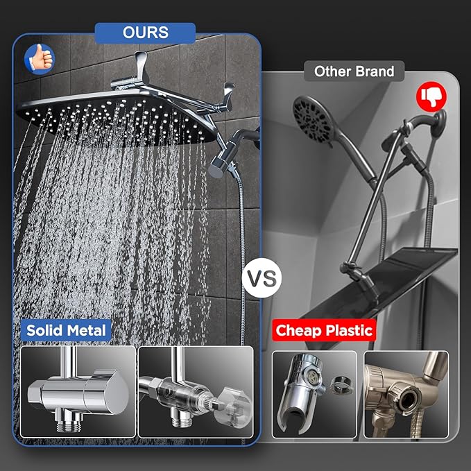 Veken Wide High Pressure Rain Shower Head with Handheld, Handheld Shower Heads with Multi Spray Modes, Rainfall Combo with 15" Metal Extension Arm,Detachable Dual Shower, Bathroom Decor,Chrome Silver
