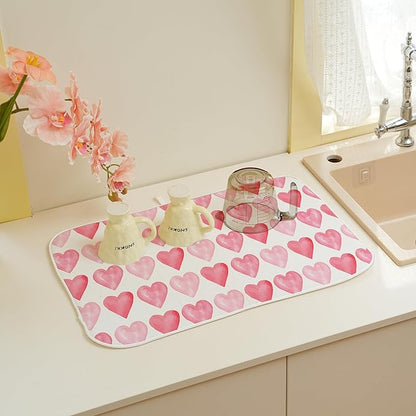 Valentine's Dish Drying Mat 18x24 Inches For Kitchen Counter Absorbent Pink Love Heart Kitchen Mother's Day Anniversary Wedding Drying Mat Pad For Home Kitchen,Dining Room,Office Decoration