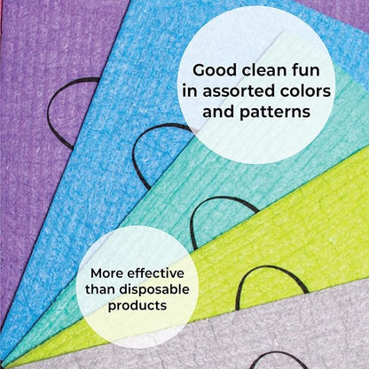 Skoy Cloth, 4-pack Versatile Swedish Dishcloths for Kitchen and Household Use, Reusable Cleaning Cloths, Planet-Friendly, Dishwasher and Dryer-Safe, Assorted Colors