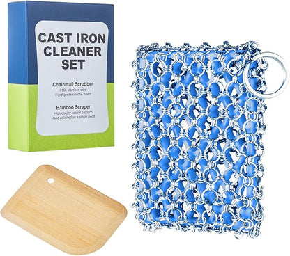 Cast Iron Scrubber - 316 Stainless Steel with Silicone Core, Bamboo Scraper, Perfect Cleaner Set for Cast Iron Pans, Skillets, Pots, Woks