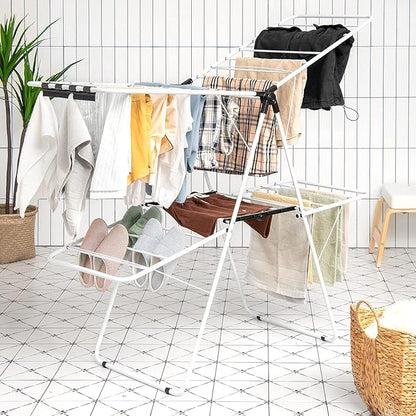 Tangkula Foldable Clothes Drying Rack, 2-Level Folding Drying Rack for Indoor Outdoor Use, Drying Rack Clothing w/Height-Adjustable Gullwing, 33 Drying Rails, Sock Clips