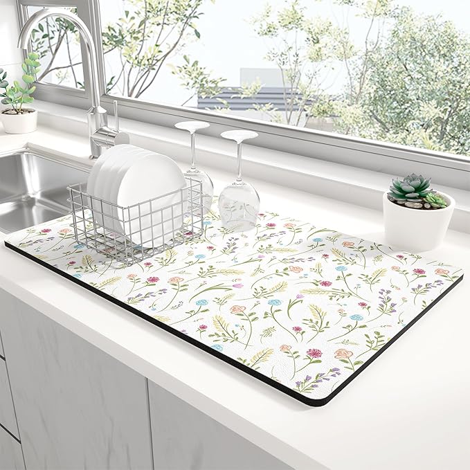 Rnivvi Dish Drying Mat for Kitchen Counter, 12 x 19" Cute Flower Theme Super Absorbent Draining Pad, Non-Slip Heat Resistant Coffee Bar Mat for Coffee Machine Station Accessories, White Dish Rack Pad