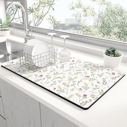 Rnivvi Dish Drying Mat for Kitchen Counter, 12 x 19" Cute Flower Theme Super Absorbent Draining Pad, Non-Slip Heat Resistant Coffee Bar Mat for Coffee Machine Station Accessories, White Dish Rack Pad