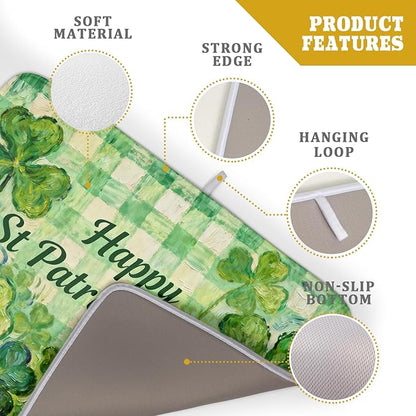 St Patrick's Day Shamrock Dish Drying Mat for Kitchen Counter 18x24 Green Lucky Clover Plaid Happy Holiday Absorbent Reversible Microfiber Drying Mats Kitchen Countertop Protector Dishes Drainer Pad