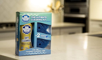 Bar Keepers Friend Ultimate Cleaning Kit | Soft Cleanser Liquid (26 OZ) & Two DishFish Scrubbers | Multipurpose, Stainless Steel, Rust, Soft Cleaner with Heavy Duty Non Scratch DishFish Scrubbers