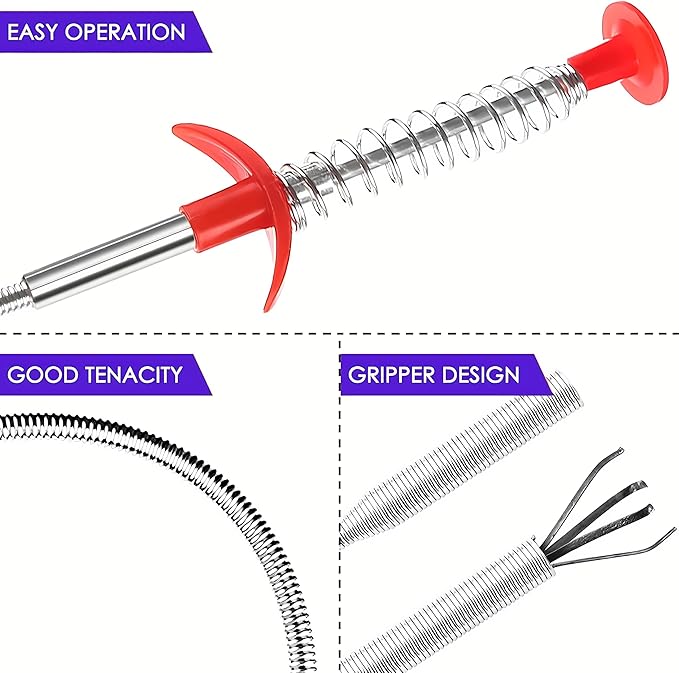Flexible Drain Clog Remover Tool, Extra Long Plumbing Snake Hair Catcher with 4-Prong Grabber Claw, Heavy-Duty Spring Reacher for Kitchen Sink, Bathroom Tub, Sewer & Dropped Items (24 inch)