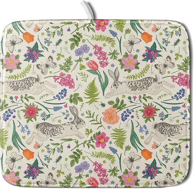 Spring Easter Dish Drying Mat for Kitchen Counter 16x18 Rabbit Bunny Green Pink Floral Vintage Print Absorbent Reversible Microfiber Drying Mats Kitchen Countertop Protector Dishes Drainer Rack Pad