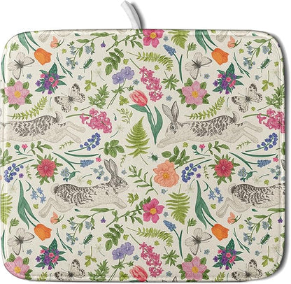 Spring Easter Dish Drying Mat for Kitchen Counter 16x18 Rabbit Bunny Green Pink Floral Vintage Print Absorbent Reversible Microfiber Drying Mats Kitchen Countertop Protector Dishes Drainer Rack Pad