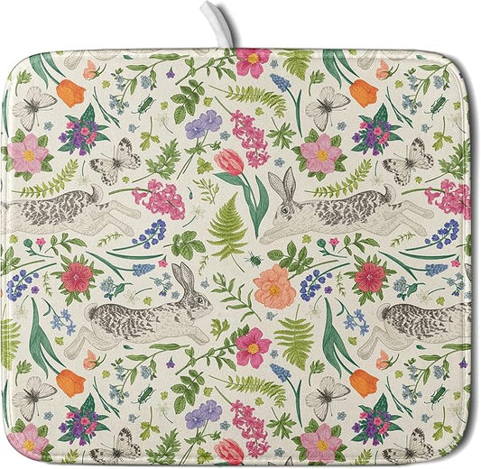 Spring Easter Dish Drying Mat for Kitchen Counter 16x18 Rabbit Bunny Green Pink Floral Vintage Print Absorbent Reversible Microfiber Drying Mats Kitchen Countertop Protector Dishes Drainer Rack Pad