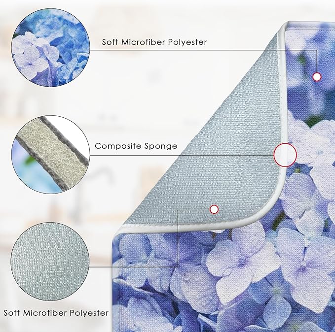 Sanwarm Absorbent Dish Drying Mat, Blue Purple Hydrangea Flower Microfiber Pad for Kitchen Counter, Coffee Bar Decor, Heat Resistant and Reversible, 18" x 24"