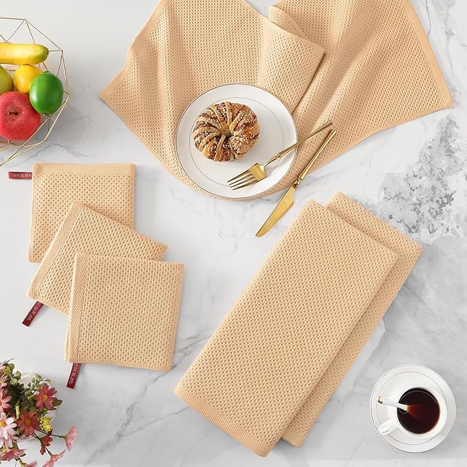 Kitinjoy 100% Cotton Waffle Weave Kitchen Hand Towels (13 X 28 Inches, Apricot), 4-Pack Super Soft and Absorbent Dish Towel for Drying Dishes