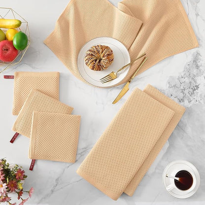 Kitinjoy 100% Cotton Waffle Weave Kitchen Hand Towels (13 X 28 Inches, Apricot), 4-Pack Super Soft and Absorbent Dish Towel for Drying Dishes