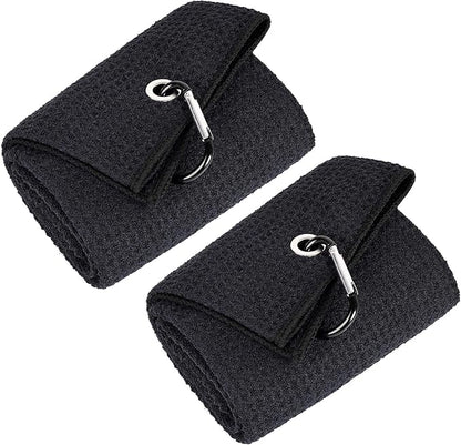 Mile High Life Tri-fold Golf Towel | 16" X 24" | Premium Microfiber Fabric | Waffle Pattern | with Heavy Duty Carabiner Clip | for Men and Women (2 Pack Black)
