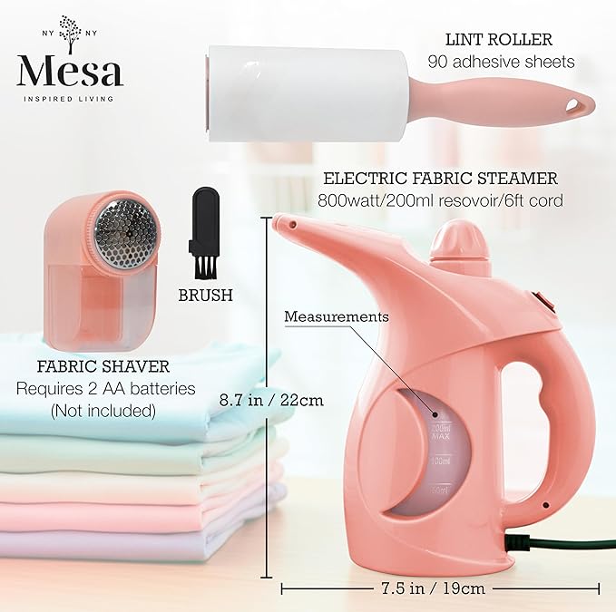 Inspired Living Fabric Care Kit – 3-Piece Garment Care Set with Handheld Steamer, Lint Roller & Fabric Shaver/Defuzzer – Wrinkle Remover & Clothing Refresh Essentials – Blush Pink