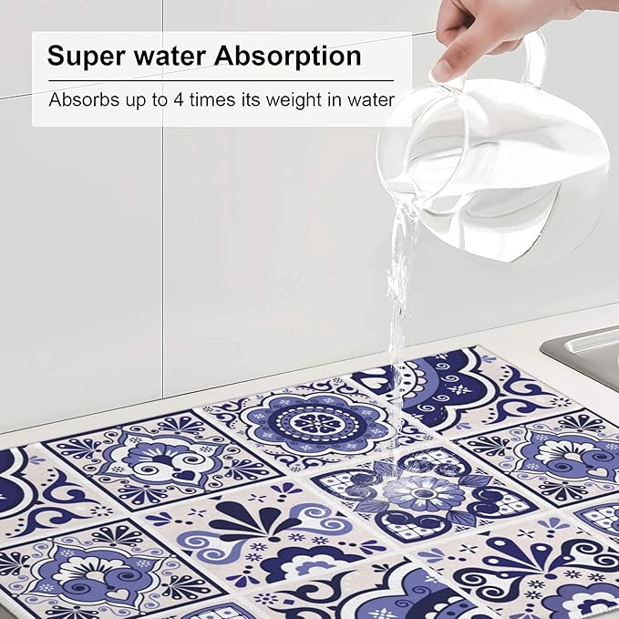 Talavera Mexican Tiles Dish Drying Mats for Kitchen Counter, Absorbent Reversible Microfiber Dish Drying Pad, Multi-Use Large Drying Mat Coffee Bar Accessories 18"x24"
