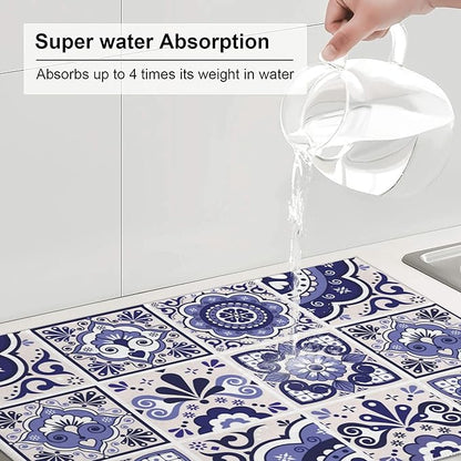 Talavera Mexican Tiles Dish Drying Mats for Kitchen Counter, Absorbent Reversible Microfiber Dish Drying Pad, Multi-Use Large Drying Mat Coffee Bar Accessories 18"x24"
