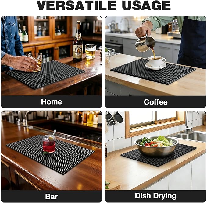 Facmogu 18 x 12 Inch Rubber Bar Mats, Black Heavy Duty Bar Mat PVC Rubber Wet Dish Drying Spill Matting Non Slip Heat Resistant for KTV Bar Glass, Restaurant, Home Counters