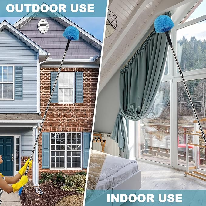 12 Ft Duster, Cobweb Duster with Extension Pole, Medium Stiff Bristles Cobweb Duster Head & 12-Feet Stainless Steel Pole Ceiling Fan Duster with Universal Joint for Outdoor Indoor Cleaning
