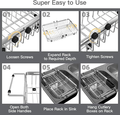 MAJALiS Expandable Stainless Steel Over The Sink Dish Drying Rack for Small Kitchen Counter Space Saving, Compact RV Plate Drainer Strainer in Silver Wire Metal with Hanging Adjustable Utensil Holder
