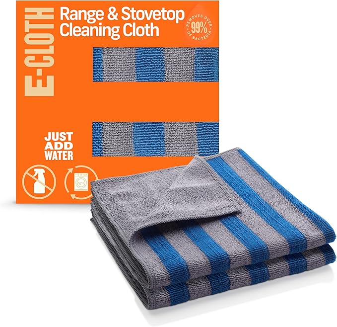 E-Cloth Range & Stovetop Cleaning Cloth, Reusable Premium Microfiber Cleaning Cloth, Ideal Oven & Glass Stove Top Cleaner, 100 Wash Guarantee, Blue & Gray, 2 Pack