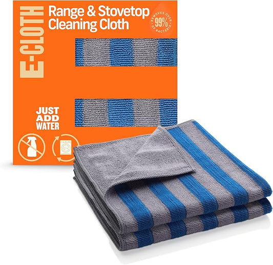 E-Cloth Range & Stovetop Cleaning Cloth, Reusable Premium Microfiber Cleaning Cloth, Ideal Oven & Glass Stove Top Cleaner, 100 Wash Guarantee, Blue & Gray, 2 Pack
