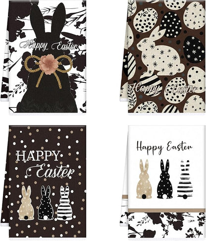 Happy Easter Kitchen Towels, Bunny Dish Towels Gifts for Cooking Cleaning Set of 4, Spring Rabbits Hand Towels with Hanging Loop for Bathroom Home Decor