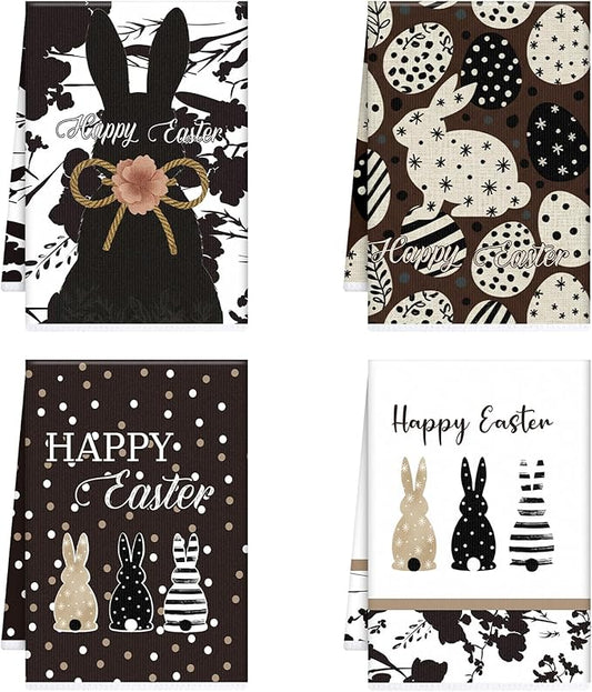 Happy Easter Kitchen Towels, Bunny Dish Towels Gifts for Cooking Cleaning Set of 4, Spring Rabbits Hand Towels with Hanging Loop for Bathroom Home Decor
