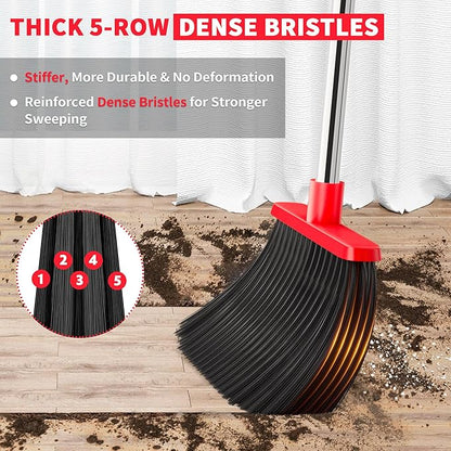 Broom with Dustpan Combo Set, Dust Pans with Long Handle for Upright Sweeping, Standing Broom and Dustpan Set with Self-Cleaning Teeth for Home, Kitchen & Office Floors(Red & Black)