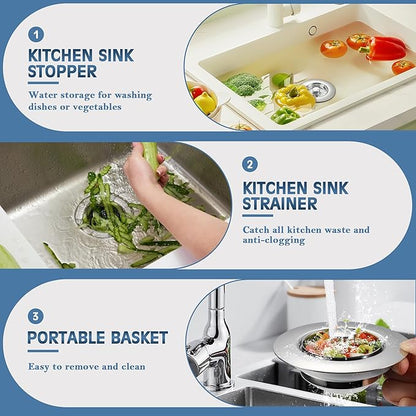 Kitchen Sink Drain Strainer 2 Pack, 304 Stainless Steel Pop Up Sink Stopper, Anti-Clogging Sink Drain Strainer for US Standard Kitchen Drain (Chrome)