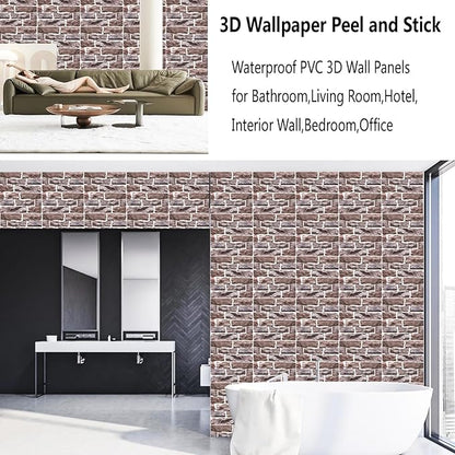 3D Wall Panels Peel and Stick,3D Brick Wallpaper Peel and Stick 10Pack Self-Adhesive Stone Waterproof PVC Wall Panels for Living Room,Interior, Lobby Bedroom(Light Brown Stone)