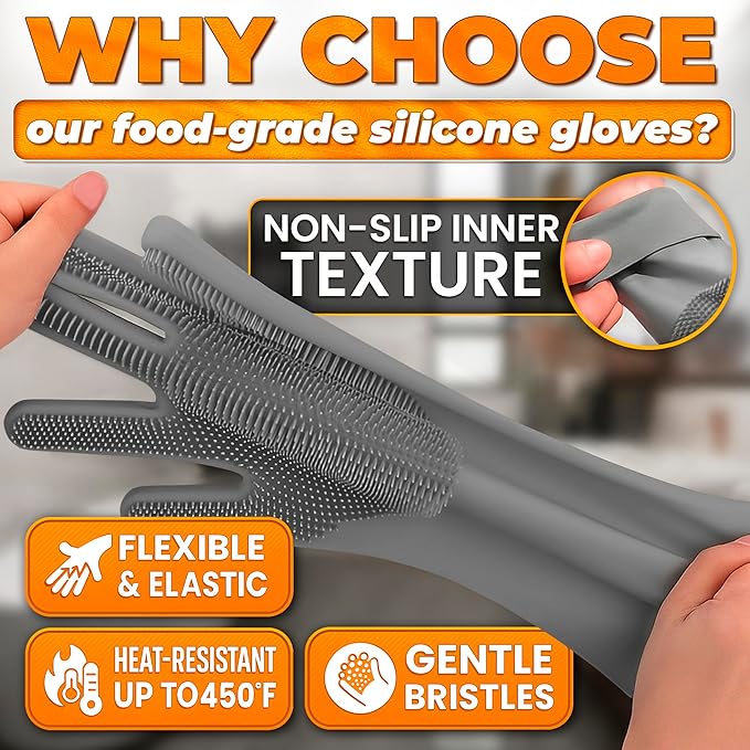 ALPENKOK Silicone Dishwashing Gloves with Scrubber – Non-Slip Silicone Gloves wor Washing Dishes | Household Use