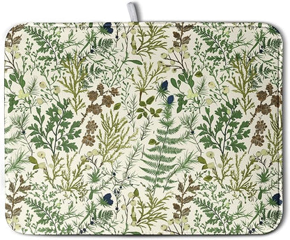 Sage Green Botanical Floral Dish Drying Mat for Kitchen Counter Vintage Herbs Fern Leaves Plant Drying Mats Absorbent Microfiber Dishes Drainer Mats Washable Dish Draining Pad Extra Large 18"x24"