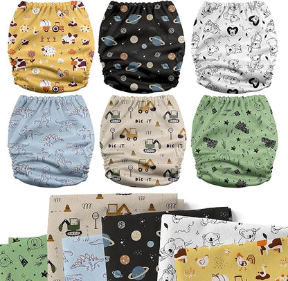 Mama Koala 3.0 Cloth Diapers for Babies with AWJ Lining, 6 Pack with 6 5-Layer Natural Cloth Diaper Inserts - Reusable and Washable Pocket Diapers(A-Dinosaurs and Farm)