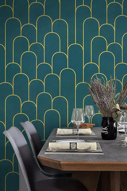 Yasinet Peel and Stick Wallpaper Green and Gold Wallpaper Dark Green Contact Paper Modern Geometric Removable Self Adhesive Wall Paper for Bedroom/Cabinet Waterproof for Bathroom Vinyl 197" x 17.3"