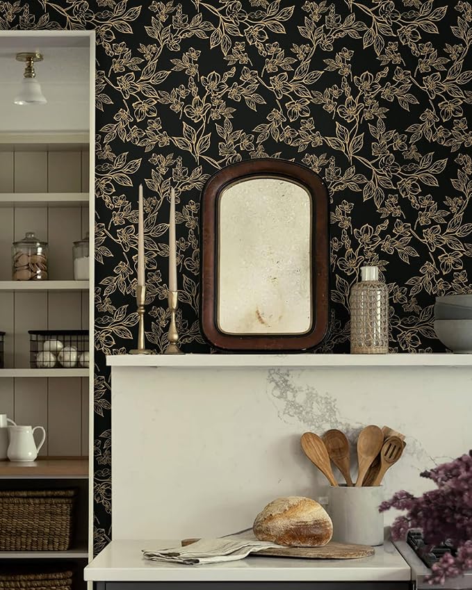 Ismoon Peel and Stick Wallpaper Black and Gold Stick on Wallpaper Dark Floral 17.3x78.7in Black Modern Wall Paper Removable Self Adhesive Contact Paper for Bedroom Cabinets Shelf Liner Vinyl