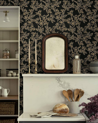 Ismoon Peel and Stick Wallpaper Black and Gold Stick on Wallpaper Dark Floral 17.3x78.7in Black Modern Wall Paper Removable Self Adhesive Contact Paper for Bedroom Cabinets Shelf Liner Vinyl