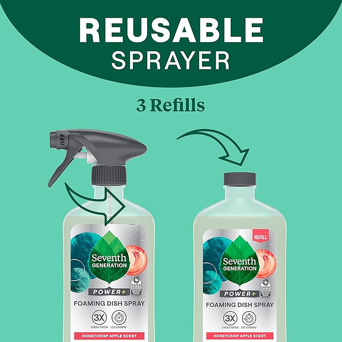 Seventh Generation Foaming Dish Spray,3 Refills and 1 Sprayhead,16 Fl Oz,(Pack of 6)