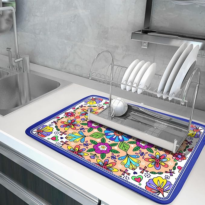 Mexican Talavera Dish Drying Mat Navy Blue Large Microfiber Dish Drain Pad for Kitchen Decor 18 x 24 In